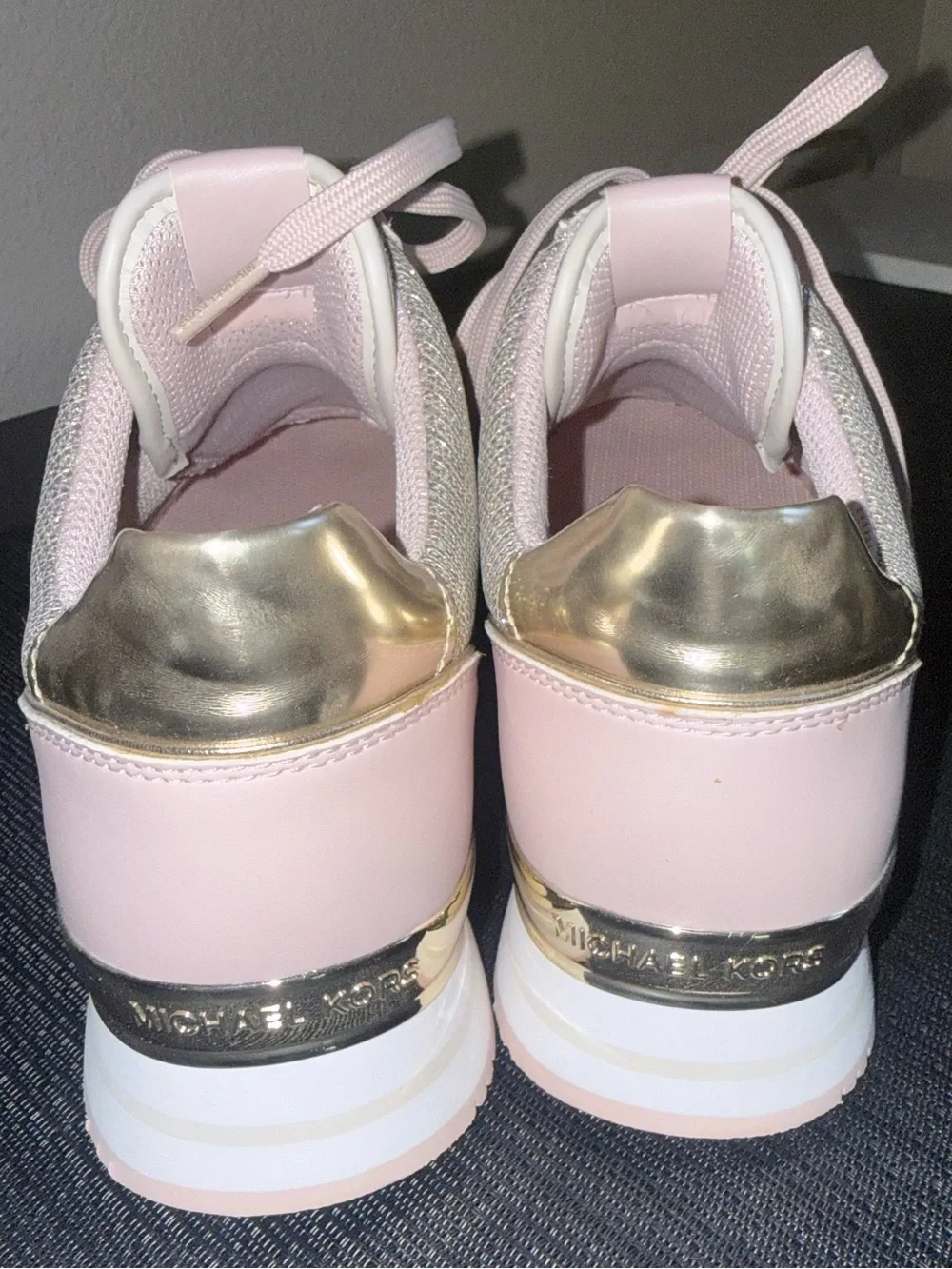 Michael Kors Pink and Silver Knit Lace-Up Sneakers Size 10